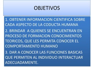 OBJETIVOS
1. OBTENER INFORMACION CIENTIFICA SOBRE
CADA ASPECTO DE LA CODUCTA HUMANA
2. BRINDAR A QUIENES SE ENCUENTRAN EN
PROCESO DE FORMACION CONOCIMIENTOS
TEORICOS, QUE LES PERMITA CONOCER EL
COMPORTAMIENTO HUMANO
3. DAR A CONOCER LAS FUNCIONES BASICAS
QUE PERMITEN AL INDIVIDUO INTERACTUAR
ADECUADAMENTE.
 