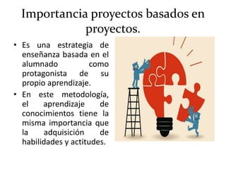 Importancia proyectos basados en
proyectos.
• Es una estrategia de
enseñanza basada en el
alumnado como
protagonista de su
propio aprendizaje.
• En este metodología,
el aprendizaje de
conocimientos tiene la
misma importancia que
la adquisición de
habilidades y actitudes.
 