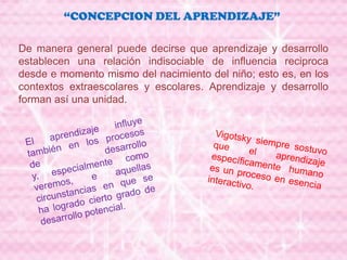“CONCEPCION DEL APRENDIZAJE”
De manera general puede decirse que aprendizaje y desarrollo
establecen una relación indisociable de influencia reciproca
desde e momento mismo del nacimiento del niño; esto es, en los
contextos extraescolares y escolares. Aprendizaje y desarrollo
forman así una unidad.
 