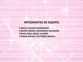 INTEGRANTES DE EQUIPO:
PAOLA FUENTES HERNÁNDEZ.
ZEHIDY MARIEL HERNÁNDEZ SALVADOR.
RUTH ARELI AVILEZ ALVAREZ.
DIANA XOCHILT GUTIÉRREZ BASILIO.
 