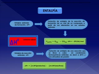 ENTALPÍA
Entalpía de reacción
estándar, ∆Hºr
Variación de entalpía de una reacción que
se lleva a cabo en condiciones
termoquímicas estándar, es decir a 25°C y
una atmosfera de presión
) es la diferencia entre la entalpía molar estándar de los reactivos y de los productos, con cada término de la reacción siendo balanceado con su coeficiente estequiométrico apropiado
Entalpía estándar
de formación, ∆Hºf
Variación de entalpía de la reacción de
formación de un mol de un compuesto a
partir de sus elementos en sus estados
estándar.
C(grafito) + O2(g) → CO2(g) ∆Hor = -393.5kJ/mol
∆Hor = ∑n∆Hfo(productos) - ∑m∆Hfo(reactivos)
 