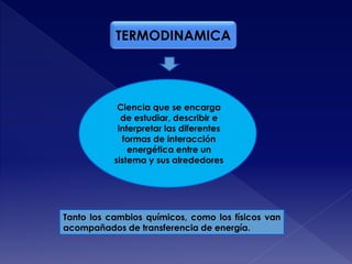 TERMODINAMICA
Ciencia que se encarga
de estudiar, describir e
interpretar las diferentes
formas de interacción
energética entre un
sistema y sus alrededores
Tanto los cambios químicos, como los físicos van
acompañados de transferencia de energía.
 