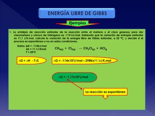 Ejemplos
ENERGÍA LIBRE DE GIBBS
1. La entalpía de reacción estándar de la reacción entre el metano y el cloro gaseoso para dar
clorometano y cloruro de hidrógeno es -114 kJ/mol. Sabiendo que la variación de entropía estándar
es 11,1 J/K.mol, calcula la variación de la energía libre de Gibbs estándar, a 25 ºC, y decide si el
proceso es espontáneo o no en estas condiciones.
Datos: ΔH = -114kJ/mol
ΔS = 11.1J/Kmol
T = 25ºC
∆G = ∆H - T∆S ∆G = -114x103J/mol – 298Kx11.1J/K.mol
∆G = -1.17x105J/mol
La reacción es espontánea
CH4(g) + Cl2(g) → CH3Cl(g) + HCl(g)
 