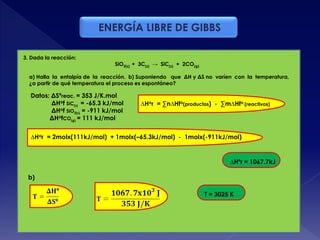ENERGÍA LIBRE DE GIBBS
3. Dada la reacción:
SiO2(s) + 3C(s) → SiC(s) + 2CO(g)
a) Halla la entalpía de la reacción. b) Suponiendo que ΔH y ΔS no varíen con la temperatura,
¿a partir de qué temperatura el proceso es espontáneo?
Datos: ΔSºreac. = 353 J/K.mol
ΔHof SiC(s) = -65.3 kJ/mol
ΔHof SiO2(s) = -911 kJ/mol
ΔHofCO(g) = 111 kJ/mol
∆Hor = ∑n∆Hfo(productos) - ∑m∆Hfo (reactivos)
∆Hor = 2molx(111kJ/mol) + 1molx(–65.3kJ/mol) - 1molx(-911kJ/mol)
∆Hºr = 1067.7kJ
b)
T = 3025 K
 