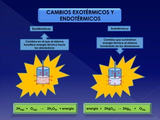 CAMBIOS EXOTÉRMICOS Y
ENDOTÉRMICOS
Cambios en el que el sistema
transfiere energía térmica hacia
los alrededores
Exotérmicos
Cambios que suministran
energía térmica al sistema
tomándola de los alrededores
Endotérmicos
2H2(g) + O2(g) → 2H2O(l) + energía energía + 2HgO(s) → 2Hg(l) + O2(g
 