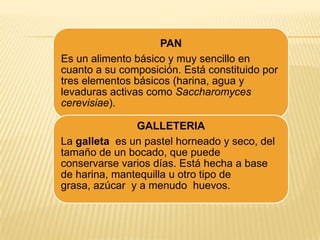 PAN
Es un alimento básico y muy sencillo en
cuanto a su composición. Está constituido por
tres elementos básicos (harina, agua y
levaduras activas como Saccharomyces
cerevisiae).
GALLETERIA
La galleta es un pastel horneado y seco, del
tamaño de un bocado, que puede
conservarse varios días. Está hecha a base
de harina, mantequilla u otro tipo de
grasa, azúcar y a menudo huevos.

 