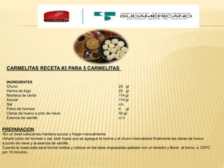 CARMELITAS RECETA #3 PARA 5 CARMELITAS
INGREDIENTES

Chuno
Harina de trigo
Manteca de cerdo
Azúcar
Sal
Polvo de hornear
Claras de huevo a pnto de nieve
Esencia de vainilla

25 gr
25 gr
114 gr
114 gr
c/n
4 gr
50 gr
c/ n

PREPARACION
•En un bowl colocamos manteca azúcar y fregar manualmente.
•Añadir polvo de hornear y sal, batir hasta que se agregue la harina y el chuno intercalados finalmente las claras de huevo
a punto de nieve y la esencia de vainilla.
Cuando la masa este seca formar bolitas y colocar en las latas engrasadas aplastar con un tenedor y llevar al horno. a 120ºC
por 15 minutos.

 