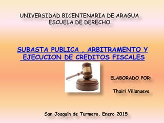 UNIVERSIDAD BICENTENARIA DE ARAGUA
ESCUELA DE DERECHO
ELABORADO POR:
Thairi Villanueva
San Joaquín de Turmero, Enero 2015
 