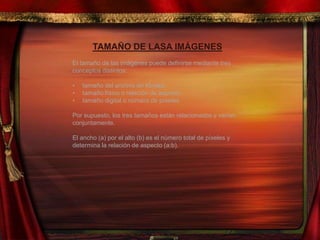 TAMAÑO DE LASA IMÁGENES
El tamaño de las imágenes puede definirse mediante tres
conceptos distintos:
• tamaño del archivo en Kbytes.
• tamaño físico o relación de aspecto.
• tamaño digital o número de píxeles.
Por supuesto, los tres tamaños están relacionados y varían
conjuntamente.
El ancho (a) por el alto (b) es el número total de píxeles y
determina la relación de aspecto (a:b).
 
