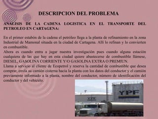 DESCRIPCION DEL PROBLEMA
ANALISIS DE LA CADENA LOGISTICA EN EL TRANSPORTE DEL
PETROLEO EN CARTAGENA:

En el primer estabón de la cadena el petróleo llega a la planta de refinamiento en la zona
Industrial de Mamonal situada en la ciudad de Cartagena. Allí lo refinan y lo convierten
en combustible.
Ahora es cuando entra a jugar nuestra investigación pues cuando alguna estación
cualquiera de las que hay en esta ciudad quiere abastecerse de combustible llámese,
DIESEL, GASOLINA CORRIENTE Y/O GASOLINA EXTRA O PREMIUN.
Llama a servicio al cliente de Ecopetrol y reserva la cantidad de combustible que desea
comprar, envía su camión cisterna hacia la planta con los datos del conductor y el camión
previamente informado a la planta, nombre del conductor, número de identificación del
conductor y del vehículo.
 