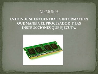 ES DONDE SE ENCUENTRA LA INFORMACION
QUE MANEJA EL PROCESADOR Y LAS
INSTRUCCIONES QUE EJECUTA.
 