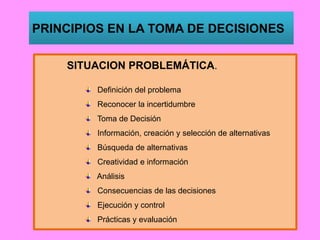 PRINCIPIOS EN LA TOMA DE DECISIONES
SITUACION PROBLEMÁTICA.
Definición del problema
Reconocer la incertidumbre
Toma de Decisión
Información, creación y selección de alternativas
Búsqueda de alternativas
Creatividad e información
Análisis
Consecuencias de las decisiones
Ejecución y control
Prácticas y evaluación
 