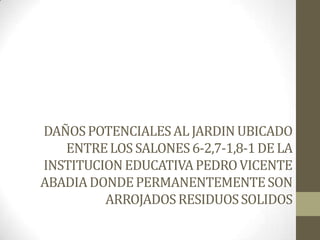 DAÑOS POTENCIALES AL JARDIN UBICADO
ENTRE LOS SALONES 6-2,7-1,8-1 DE LA
INSTITUCION EDUCATIVA PEDRO VICENTE
ABADIA DONDE PERMANENTEMENTE SON
ARROJADOS RESIDUOS SOLIDOS

 