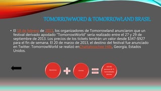 TOMORROWWORD & TOMORROWLAND BRASIL
• El 18 de febrero de 2013, los organizadores de Tomorrowland anunciaron que un
festival derivado apodado "TomorrowWorld" sería realizado entre el 27 y 29 de
septiembre de 2013. Los precios de los tickets tendrán un valor desde $347-$927
para el fin de semana. El 20 de marzo de 2013, el destino del festival fue anunciado
en Twitter. TomorrowWorld se realizó enChattahoochee Hills, Georgia, Estados
Unidos.
Electrónica Jóvenes
100 000
personas de 75
nacionalidades
distintas
 