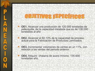 OE1. Alcanzar una producción de 120.000 toneladas de 
  palanquilla, de la capacidad instalada que es de 138.000 
  toneladas al año

 OE2. Alcanzar el 92,13% de la capacidad de proceso 
  actual para la Fabricación de Productos Laminados.

 OE3. Incrementar volúmenes de ventas en un 11%, con 
  relación a las ventas del periodo anterior.

 OE4. Adquirir  chatarra de acero mínimo  135 600 
  toneladas año
 