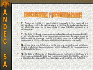    C1.  Andec  no  cuenta  con  una  logística  adecuada  a  nivel  nacional  que 
    atienda al proveedor de materia prima y clientes de producto a tiempo y 
    con  eficiencia,  esto  se  ha  convertido  en  una  debilidad  respecto  a  la 
    competencia.

   R1. Se debe contratar empresas especializadas en Logística que brinden 
    un servicio de acuerdo a las necesidades de Andec, de esta manera se 
    evitaría  que  la  empresa,    pierda  mercado,  tanto  en  la  adquisición  de 
    materia prima como en la comercialización de producto terminado. 

   C2. Andec tiene una fortaleza al contar con una infraestructura excelente, 
    para la producción, transformación y comercialización de materia prima y 
    productos terminados.

   R2. Se debe implementar un departamento de marketing, o contratar una 
    empresa especializada, para que realice un estudio de mercado, para ver 
    la posibilidad de conquistar nuevas plazas y aprovechar esta fortaleza
 