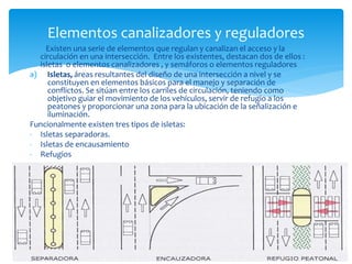 Existen una serie de elementos que regulan y canalizan el acceso y la
circulación en una intersección. Entre los existentes, destacan dos de ellos :
isletas o elementos canalizadores , y semáforos o elementos reguladores
a) Isletas, áreas resultantes del diseño de una intersección a nivel y se
constituyen en elementos básicos para el manejo y separación de
conflictos. Se sitúan entre los carriles de circulación, teniendo como
objetivo guiar el movimiento de los vehículos, servir de refugio a los
peatones y proporcionar una zona para la ubicación de la señalización e
iluminación.
Funcionalmente existen tres tipos de isletas:
- Isletas separadoras.
- Isletas de encausamiento
- Refugios
Elementos canalizadores y reguladores
 