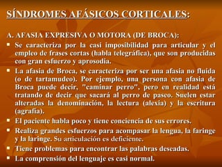 SÍNDROMES AFÁSICOS CORTICALES : A. AFASIA EXPRESIVA O MOTORA (DE BROCA): Se caracteriza por la casi imposibilidad para articular y el empleo de frases cortas (habla telegráfica), que son producidas con gran esfuerzo y aprosodia. La afasia de Broca, se caracteriza por ser una afasia no fluida (o de tartamudeo). Por ejemplo, una persona con afasia de Broca puede decir, "caminar perro", pero en realidad está tratando de decir que sacará al perro de paseo. Suelen estar alteradas la denominación, la lectura (alexia) y la escritura (agrafía). El paciente habla poco y tiene conciencia de sus errores. Realiza grandes esfuerzos para acompasar la lengua, la faringe y la laringe.  Su articulación es deficiente. Tiene problemas para encontrar las palabras deseadas. La comprensión del lenguaje es casi normal. 