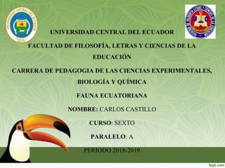  
UNIVERSIDAD CENTRAL DEL ECUADOR
FACULTAD DE FILOSOFÍA, LETRAS Y CIENCIAS DE LA 
EDUCACIÓN
CARRERA DE PEDAGOGIA DE LAS CIENCIAS EXPERIMENTALES, 
BIOLOGÍA Y QUÍMICA
FAUNA ECUATORIANA
NOMBRE: CARLOS CASTILLO
CURSO: SEXTO
PARALELO: A
PERIODO 2018-2019
 