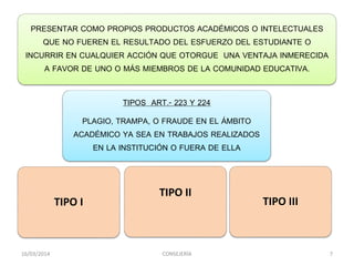 PRESENTAR COMO PROPIOS PRODUCTOS ACADÉMICOS O INTELECTUALES
QUE NO FUEREN EL RESULTADO DEL ESFUERZO DEL ESTUDIANTE O
INCURRIR EN CUALQUIER ACCIÓN QUE OTORGUE UNA VENTAJA INMERECIDA
A FAVOR DE UNO O MÁS MIEMBROS DE LA COMUNIDAD EDUCATIVA.
TIPOS ART.- 223 Y 224
PLAGIO, TRAMPA, O FRAUDE EN EL ÁMBITO
ACADÉMICO YA SEA EN TRABAJOS REALIZADOS
EN LA INSTITUCIÓN O FUERA DE ELLA
TIPO I
TIPO II
TIPO III
16/03/2014 CONSEJERÍA 7
 