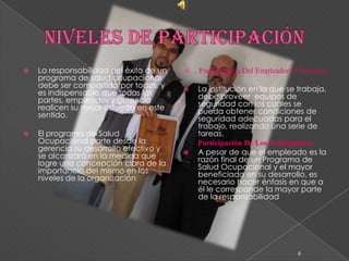 Niveles de ParticipaciónLa responsabilidad del éxito de un programa de salud ocupacional debe ser compartida por todos, y es indispensable que todas las partes, empleados y gerencia realicen su mejor esfuerzo en este sentido. El programa de Salud Ocupacional parte desde la gerencia su desarrollo efectivo y se alcanzará en la medida que logre una concepción clara de la importancia del mismo en los niveles de la organizaciónParticipación Del Empleador O GerenciaLa institución en la que se trabaja, debe proveer  equipos de seguridad con los cuales se pueda obtener condiciones de seguridad adecuadas para el trabajo, realizando una serie de tareas.Participación De Los Trabajadores A pesar de que el empleado es la razón final de un Programa de Salud Ocupacional y el mayor beneficiado en su desarrollo, es necesario hacer énfasis en que a él le corresponde la mayor parte de la responsabilidad6