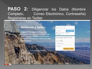 PASO 2: Diligenciar los Datos (Nombre
Completo, Correo Electrónico, Contraseña)
Registrarse en Twitter
 