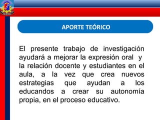 APORTE TEÓRICO
El presente trabajo de investigación
ayudará a mejorar la expresión oral y
la relación docente y estudiantes en el
aula, a la vez que crea nuevos
estrategias que ayudan a los
educandos a crear su autonomía
propia, en el proceso educativo.
 