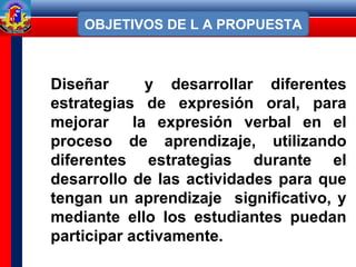 OBJETIVOS DE L A PROPUESTA
Diseñar y desarrollar diferentes
estrategias de expresión oral, para
mejorar la expresión verbal en el
proceso de aprendizaje, utilizando
diferentes estrategias durante el
desarrollo de las actividades para que
tengan un aprendizaje significativo, y
mediante ello los estudiantes puedan
participar activamente.
 