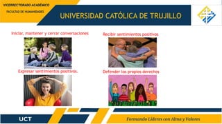 UNIVERSIDAD CATÓLICA DE TRUJILLO
FACULTAD DE HUMANIDADES
VICERRECTORADO ACADÉMICO
Iniciar, mantener y cerrar conversaciones
Expresar sentimientos positivos.
Recibir sentimientos positivos
Defender los propios derechos
 