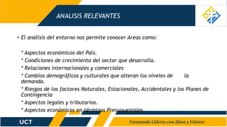 ANALISIS RELEVANTES
• El análisis del entorno nos permite conocer Areas como:
* Aspectos económicos del País.
* Condiciones de crecimiento del sector que desarrolla.
* Relaciones internacionales y comerciales
* Cambios demográficos y culturales que alteran los niveles de la
demanda.
* Riesgos de los factores Naturales, Estacionales, Accidentales y los Planes de
Contingencia
* Aspectos legales y tributarios.
* Aspectos económicos en términos Presupuestales.
 