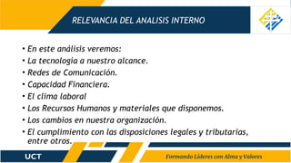 RELEVANCIA DEL ANALISIS INTERNO
• En este análisis veremos:
• La tecnología a nuestro alcance.
• Redes de Comunicación.
• Capacidad Financiera.
• El clima laboral
• Los Recursos Humanos y materiales que disponemos.
• Los cambios en nuestra organización.
• El cumplimiento con las disposiciones legales y tributarias,
entre otros.
 