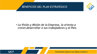 BENEFICIOS DEL PLAN ESTRATEGICO
• La Visión y Misión de la Empresa, la orienta a
crecer,desarrollar a sus trabajadores y al Paìs.
 