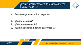 ¿CÓMO COMIENZA EL PLANEAMIENTO
ESTRATEGICO?
• Dando respuestas a las preguntas:
1. ¿Dónde estamos?
2. ¿Dónde queremos ir?
3. ¿Cómo llegamos a donde queremos ir?
 