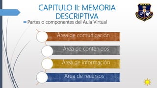 CAPITULO II: MEMORIA
DESCRIPTIVA
Partes o componentes del Aula Virtual
Área de comunicación
Área de contenidos
Área de información
Área de recursos
 