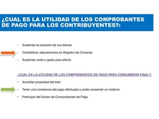 ¿CUAL ES LA UTILIDAD DE LOS COMPROBANTES
DE PAGO PARA LOS CONTRIBUYENTES?:
• Sustentar la posesión de sus bienes
• Contabilizar adquisiciones en Registro de Compras
• Sustentar costo o gasto para efecto
¿CUAL ES LA UTILIDAD DE LOS COMPROBANTES DE PAGO PARA CONSUMIDOR FINAL?:
• Acreditar propiedad del bien
• Tener una constancia del pago efectuado y poder presentar un reclamo
• Participar del Sorteo de Comprobantes de Pago
 