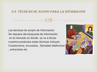 2.8 técnicas de acopio para la información

                             
Las técnicas de acopio de Información
Se requiere ala búsqueda de información
 en el mercado en donde se va a lanzar
nuestros productos estas técnicas incluyen.
Cuestionaros, encuestas , llamadas telefonicas
, entrevistas etc.
 
