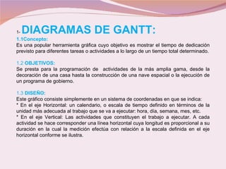 1-  DIAGRAMAS DE GANTT: 1.1Concepto: Es una popular herramienta gráfica cuyo objetivo es mostrar el tiempo de dedicación previsto para diferentes tareas o actividades a lo largo de un tiempo total determinado. 1.2  OBJETIVOS:  Se presta para la programación de  actividades de la más amplia gama, desde la decoración de una casa hasta la construcción de una nave espacial o la ejecución de un programa de gobierno.  1.3  DISEÑO: Este gráfico consiste simplemente en un sistema de coordenadas en que se indica: * En el eje Horizontal: un calendario, o escala de tiempo definido en términos de la unidad más adecuada al trabajo que se va a ejecutar: hora, día, semana, mes, etc. * En el eje Vertical: Las actividades que constituyen el trabajo a ejecutar. A cada actividad se hace corresponder una línea horizontal cuya longitud es proporcional a su duración en la cual la medición efectúa con relación a la escala definida en el eje horizontal conforme se ilustra. 