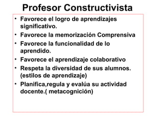 Profesor Constructivista
• Favorece el logro de aprendizajes
  significativo.
• Favorece la memorización Comprensiva
• Favorece la funcionalidad de lo
  aprendido.
• Favorece el aprendizaje colaborativo
• Respeta la diversidad de sus alumnos.
  (estilos de aprendizaje)
• Planifica,regula y evalúa su actividad
  docente.( metacognición)
 