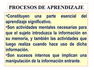 PROCESOS DE APRENDIZAJE
•Constituyen una parte esencial del
aprendizaje significativo.
•Son actividades mentales necesarias para
que el sujeto introduzca la información en
su memoria, y también las actividades que
luego realiza cuando hace uso de dicha
información.
•Son sucesos internos que implican una
manipulación de la información entrante.
 