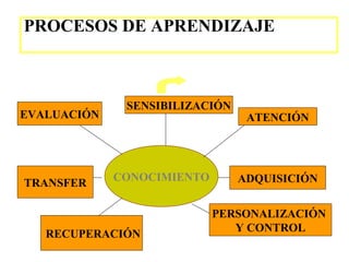 PROCESOS DE APRENDIZAJE



              SENSIBILIZACIÓN
EVALUACIÓN                       ATENCIÓN




             CONOCIMIENTO       ADQUISICIÓN
TRANSFER

                            PERSONALIZACIÓN
                               Y CONTROL
   RECUPERACIÓN
 