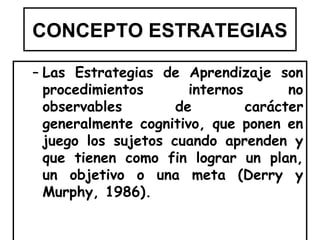 CONCEPTO ESTRATEGIAS

– Las Estrategias de Aprendizaje son
  procedimientos       internos       no
  observables        de         carácter
  generalmente cognitivo, que ponen en
  juego los sujetos cuando aprenden y
  que tienen como fin lograr un plan,
  un objetivo o una meta (Derry y
  Murphy, 1986).
 