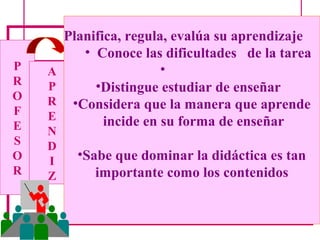 Planifica, regula, evalúa su aprendizaje
         Profesorlas dificultades de la tarea
           • Conoce Estratégico
P   A                    •
R   P        •Distingue estudiar de enseñar
O   R    •Considera que la manera que aprende
F   E
E              incide en su forma de enseñar
    N
S   D
O   I     •Sabe que dominar la didáctica es tan
R   Z        importante como los contenidos
 