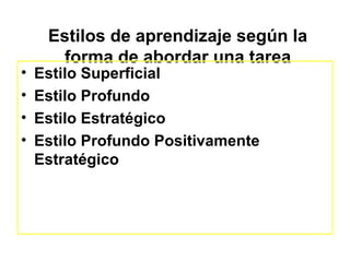 Estilos de aprendizaje según la
      forma de abordar una tarea
•   Estilo Superficial
•   Estilo Profundo
•   Estilo Estratégico
•   Estilo Profundo Positivamente
    Estratégico
 