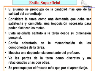 Estilo Superficial
• El alumno se preocupa de la cantidad más que de la
  calidad del aprendizaje
• Considera la tarea como una demanda que debe ser
  satisfecha y cumplida, una imposición necesaria para
  poder alcanzar las metas.
• Evita asignarle sentido a la tarea desde su dimensión
  personal.
• Confía sobretodo en la memorización de los
  componentes de la tarea.
• Muestra una dependencia constante del profesor.
• Ve las partes de la tarea como discretas y no
  relacionadas unas con otras.
• Se preocupa por el fracaso más que por el aprendizaje.
 