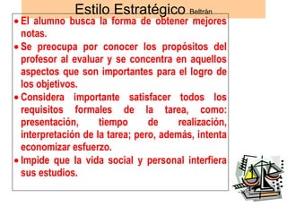 Estilo Estratégico Beltrán
• El alumno busca la forma de obtener mejores
  notas.
• Se preocupa por conocer los propósitos del
  profesor al evaluar y se concentra en aquellos
  aspectos que son importantes para el logro de
  los objetivos.
• Considera importante satisfacer todos los
  requisitos formales de la tarea, como:
  presentación,      tiempo      de     realización,
  interpretación de la tarea; pero, además, intenta
  economizar esfuerzo.
• Impide que la vida social y personal interfiera
  sus estudios.
 