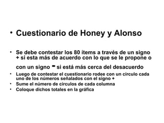 • Cuestionario de Honey y Alonso

• Se debe contestar los 80 ítems a través de un signo
  + si esta más de acuerdo con lo que se le propone o
    con un signo    - si está más cerca del desacuerdo
•   Luego de contestar el cuestionario rodee con un círculo cada
    uno de los números señalados con el signo +
•   Sume el número de círculos de cada columna
•   Coloque dichos totales en la gráfica
 