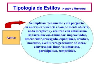 Tipología de Estilos          .Honey y Mumford




            Se implican plenamente y sin perjuicio
         en nuevas experiencias. Son de mente abierta,
           nada escépticos y realizan con entusiasmo
           las tarea nuevas.Animador, improvisador,
Activo   descubridor,arriesgado, espontáneo, creativo,
           novedoso, aventurero,generador de ideas,
                conversador, líder, voluntarioso,
                   participativo, competitivo.
 