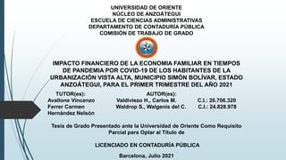 UNIVERSIDAD DE ORIENTE
NÚCLEO DE ANZOÁTEGUI
ESCUELA DE CIENCIAS ADMINISTRATIVAS
DEPARTAMENTO DE CONTADURÍA PÚBLICA
COMISIÓN DE TRABAJO DE GRADO
IMPACTO FINANCIERO DE LA ECONOMIA FAMILIAR EN TIEMPOS
DE PANDEMIA POR COVID-19 DE LOS HABITANTES DE LA
URBANIZACIÓN VISTA ALTA, MUNICIPIO SIMÓN BOLÍVAR, ESTADO
ANZOÁTEGUI, PARA EL PRIMER TRIMESTRE DEL AÑO 2021
TUTOR(es): AUTOR(es):
Avallone Vincenzo Valdiviezo H., Carlos M. C.I.: 26.706.320
Ferrer Carmen Waldrop S., Walgenis del C. C.I.: 24.828.978
Hernández Nelsón
Tesis de Grado Presentado ante la Universidad de Oriente Como Requisito
Parcial para Optar al Título de
LICENCIADO EN CONTADURÍA PÚBLICA
Barcelona, Julio 2021
 