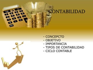 CONTABILIDAD
- CONCEPCTO
- OBJETIVO
- IMPORTANCIA
- TIPOS DE CONTABILIDAD
- CICLO CONTABLE
 