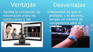 Ventajas 
 Facilita la circulación de 
información entre las 
instituciones y las 
personas. 
Desventajas 
Necesidad de que el 
profesor, y el alumno, 
tengan un mínimo de 
competencia para el 
manejo técnico de los 
equipos. 
 